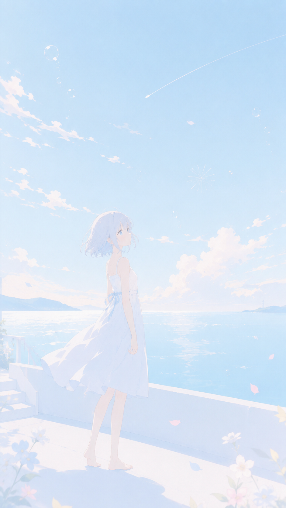 淡い青空と海を背景に、白いワンピースの人物がたたずむイラスト